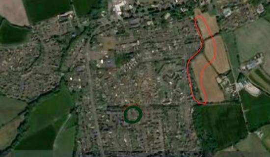 Satellite view of Eglinton. Red marked area is natural flood plain that has planning persission.