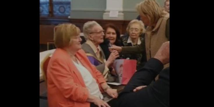 Derry Irish dancing teacher Lilian O&rsquo;Moore speaking at Derry Feis event in her honour. Also in photograph: Ursula Clifford (Feis ), Eileen Depot (An Comhdh&aacute;il), Pat Henderson & Ashling Bonner (Feis).