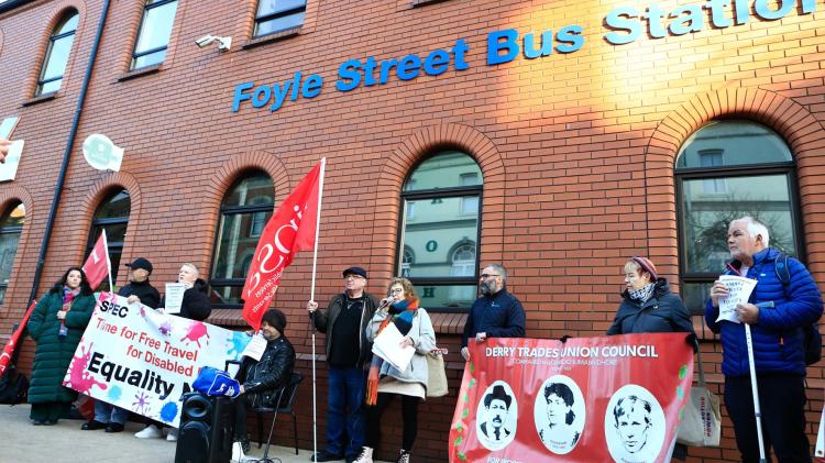 SPEC 'Half Fare Unfair' protest at Translink's Derry Depot.