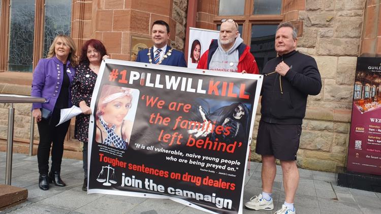 Anti-drug awareness rally: From left; Ciara Ferguson MLA (Sinn F&eacute;in), Pauline Duddy (anti-drug camaigner), Mayor Ruair&iacute; McHugh, William Burns (One Pill Will Kill) and Gary Lenaghan (campaigner).