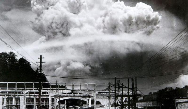 The mushroom cloud over the Japanese city of Nagasaki after the USA detonated an atomic bomb there on August 9, 1945.