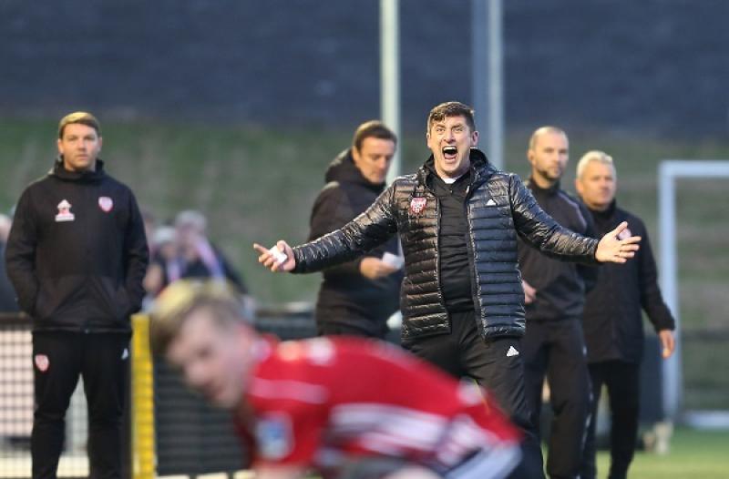 Derry City manager Declan Devine vents his frustration during the defeat at the hands of St. Patrick's Athletic