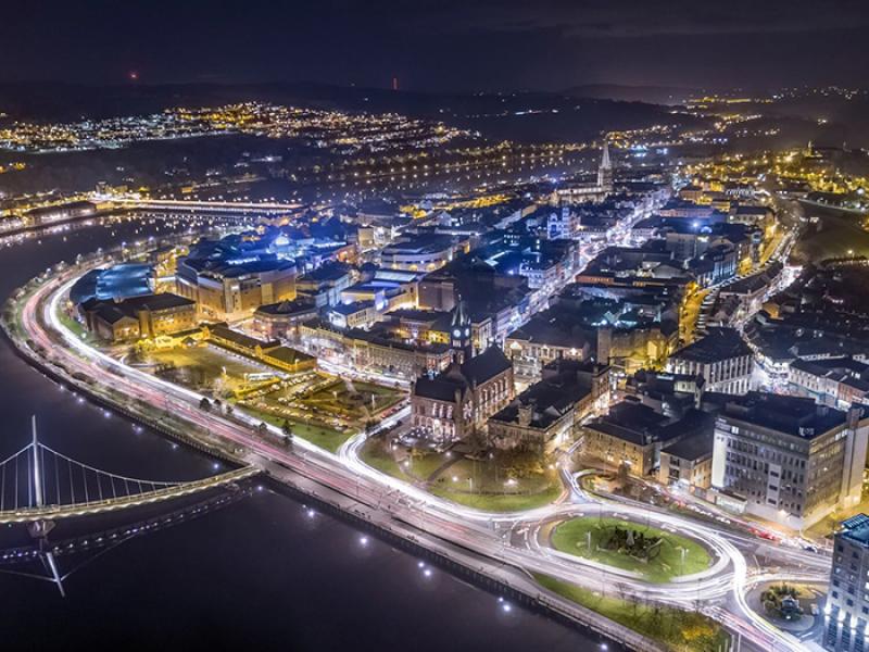 Peace Bridge on the River Foyle with the Guildhall in the background