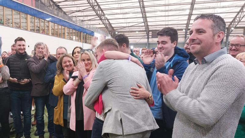 Sinn Féin Foyle Assembly candidate, Ciara Ferguson, congratulates poll topper, Pádraig Delargy