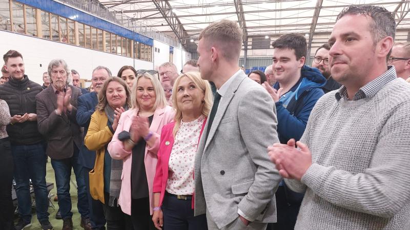 Sinn Féin Foyle Assembly candidates, Ciara Ferguson and Pádraig Delargy with their supporters at the count centre in Magherafelt.