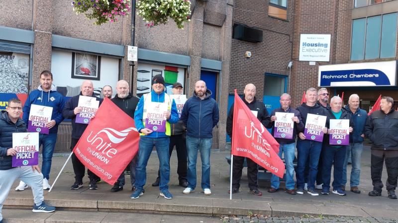 UNITE members of the Pennyburn Direct Labour Organisation Grounds' Maintenance section of the Housing Executive picketing outside Richmond Chambers in support of a pay increase.