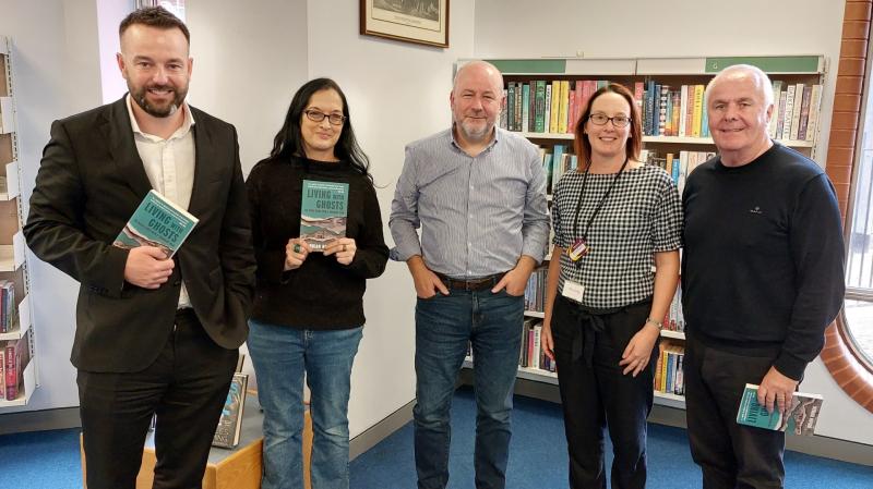  Launch of 'Living with Ghosts' by Barney Rowan in Central Library: Colum Eastwod MP, Jenni Doherty (Little Acorns Bookshop), Barney Rowen, Liz Curry (Library Assistant) and Raymond McCartney (ex-MLA)