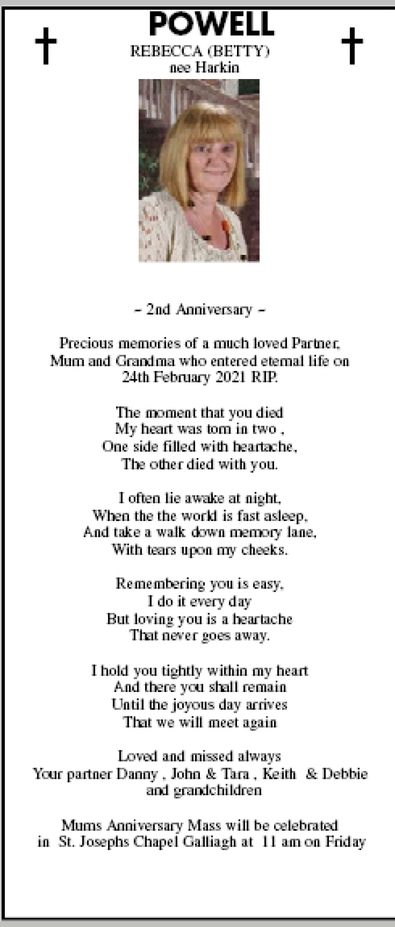 Memoriam - Rebecca (Betty) Powell (née Harkin) - 2nd Anniversary