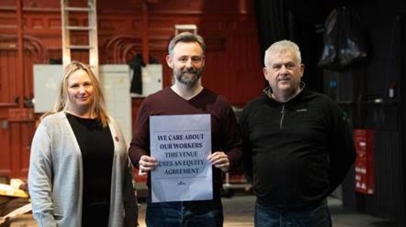 Playhouse and Equity noting the signing of their agreement, 28 February 2023  (l-r) Alice Adams Lemon, NI Official, Equity; Kieran Griffiths, Director and Producer, The Playhouse; Mike Moriarty, Chair