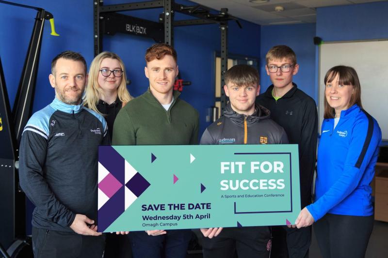 Front Row: Conor Meyler, Tyrone GAA Footballer and panel guest with SWC Sport staff and students at the launch of the Fit For Success Conference.  (Front Row Left - Right) Ryan Doherty (SWC Sports Lec