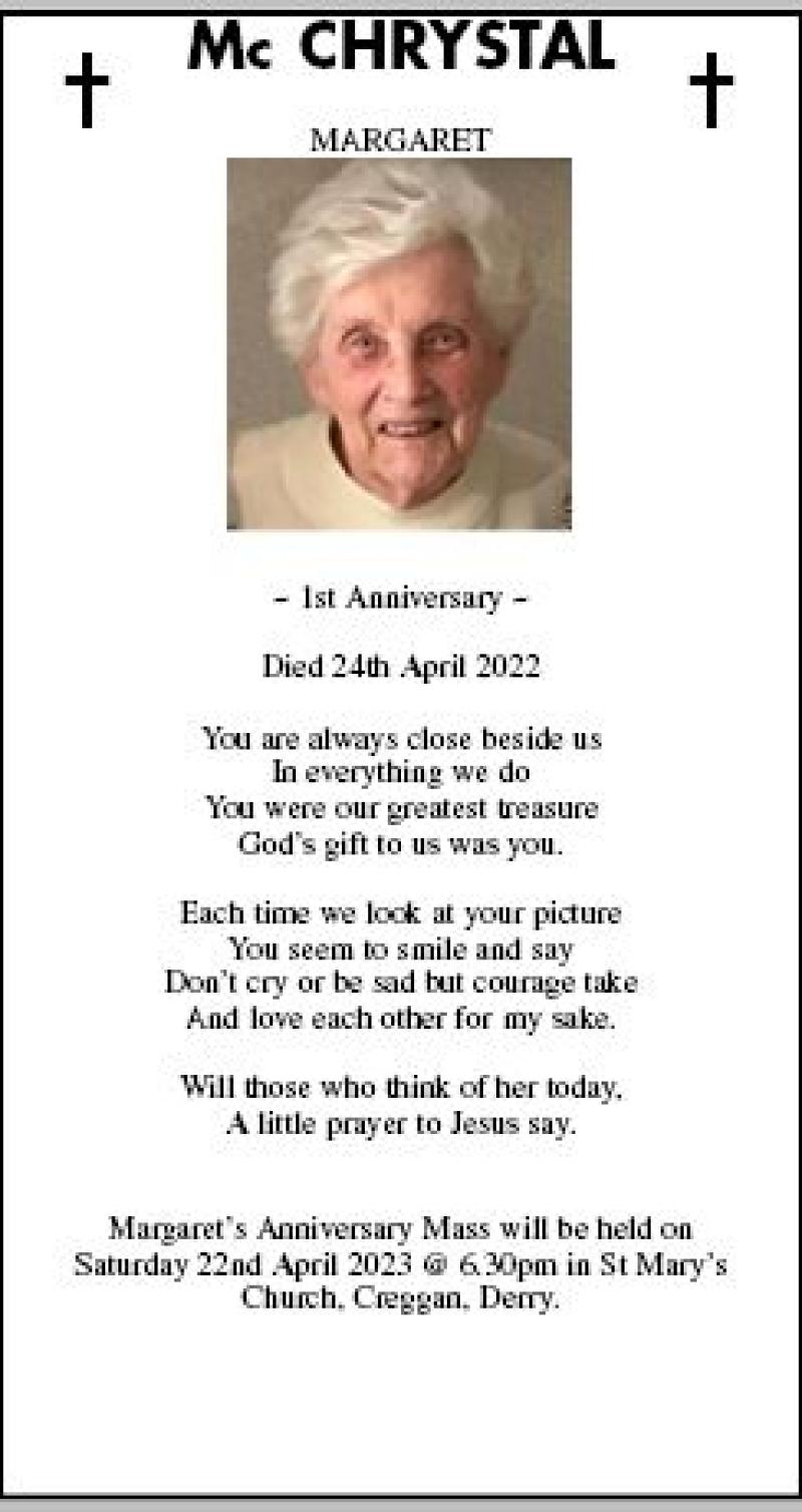 Memoriam - Margaret McChrystal - 1st Anniversary