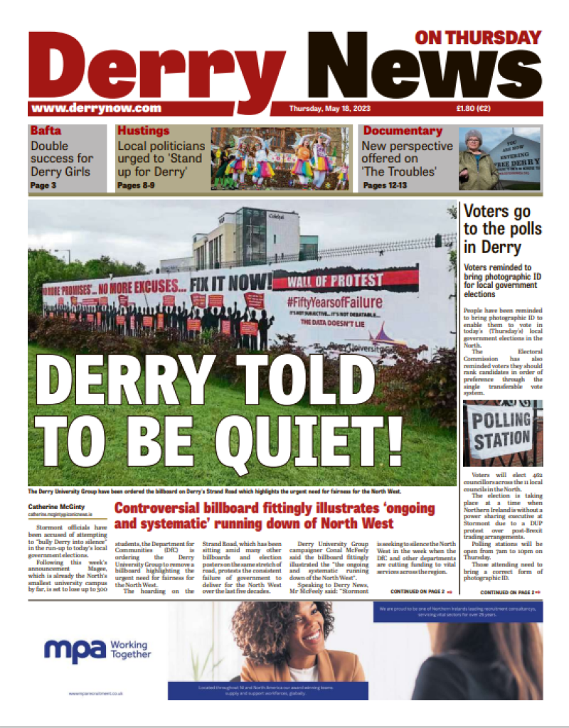 Derry News always  first with the  news  - Front Page - May 18, 2023.