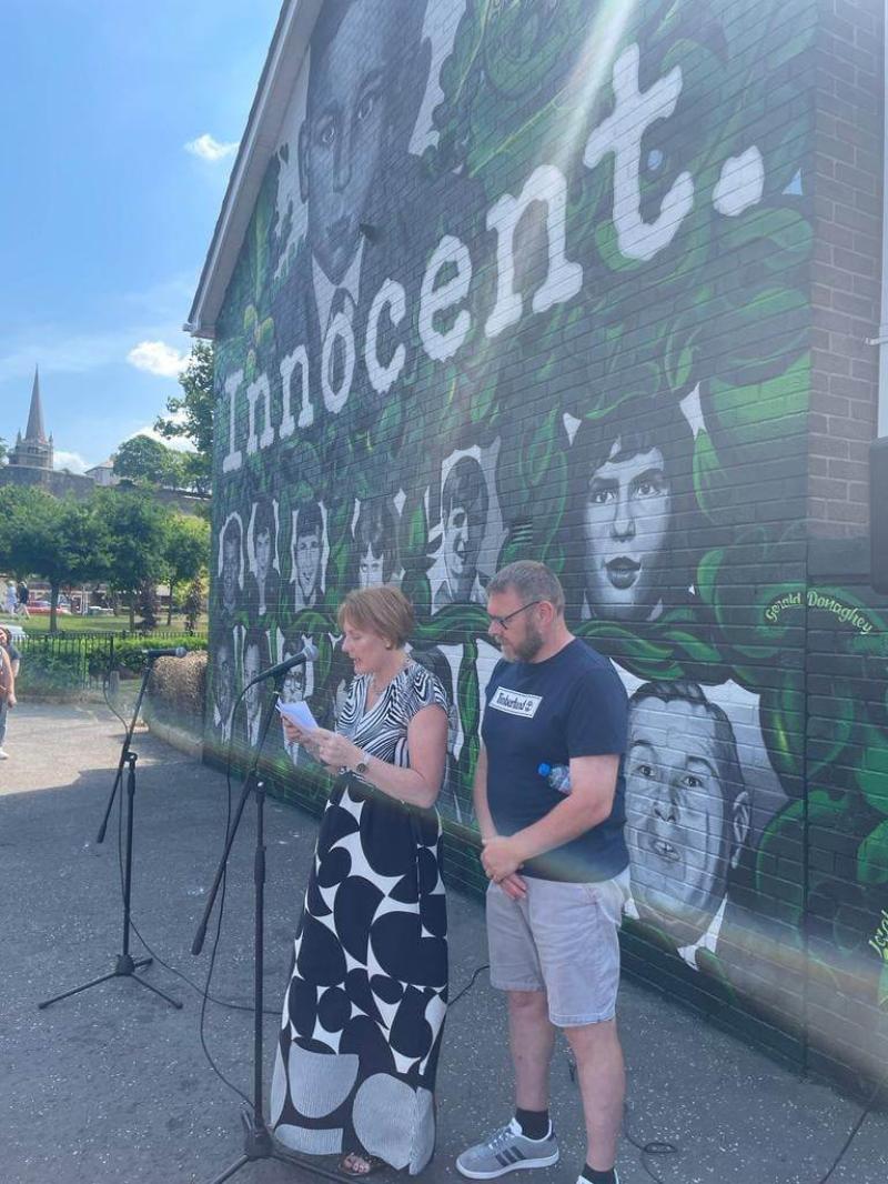 Gerry Donaghey's niece, Geraldine Doherty, and nephew, Denis Doherty, unveiling the new Bloody Sunday mural at Lisfannon Park in Derry.