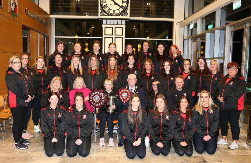 Drumsurn GAC Camogie team celebrate their treble success at a civic reception in Cloonavin.