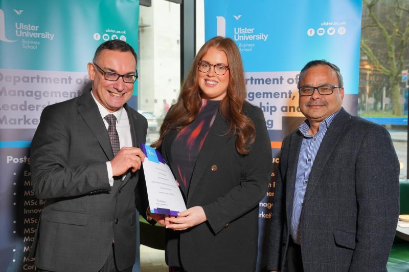 (L-R) Don Leeson, Labour Relations Agency, Erin McGuigan and Dr Paul Joseph-Richard, MSc in HRM course director