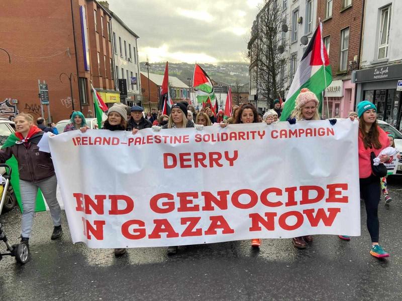 Mary leading the March for Palestine through Derry in January.
