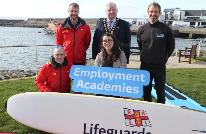 Mayor of Causeway Coast and Glens launches the Lifeguarding Academy with Conard McCullagh and Michael Thompson from RNLI, Chloe Stewart from the Labour Market Partnership, Carl Russell from Sub 6.