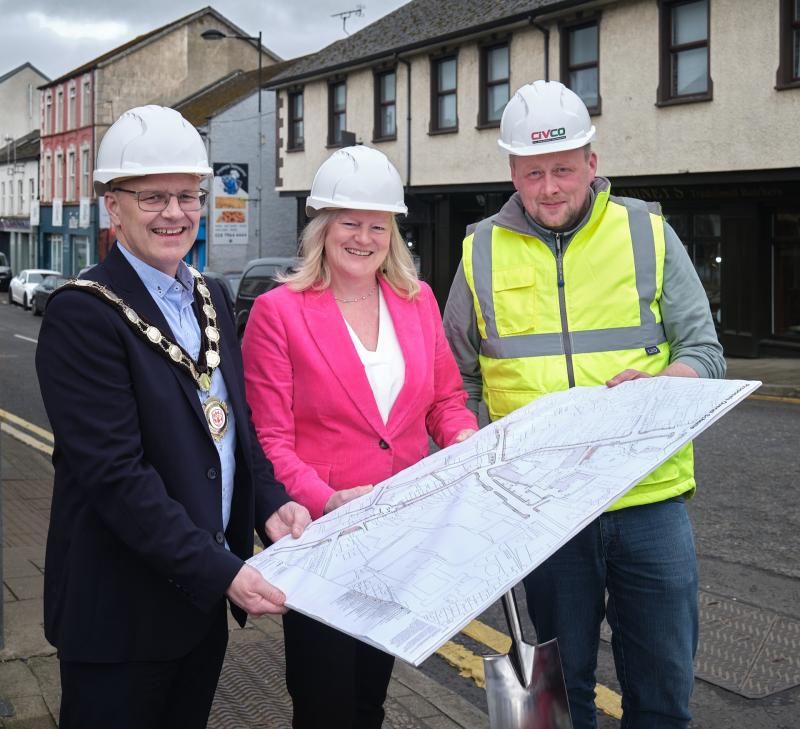 Chair of Mid Ulster District Council, Councillor Dominic Molloy is pictured with Jenny Martin, NI Area Team Lead, DLUHC and Paul McFlynn, CivCo Ltd.