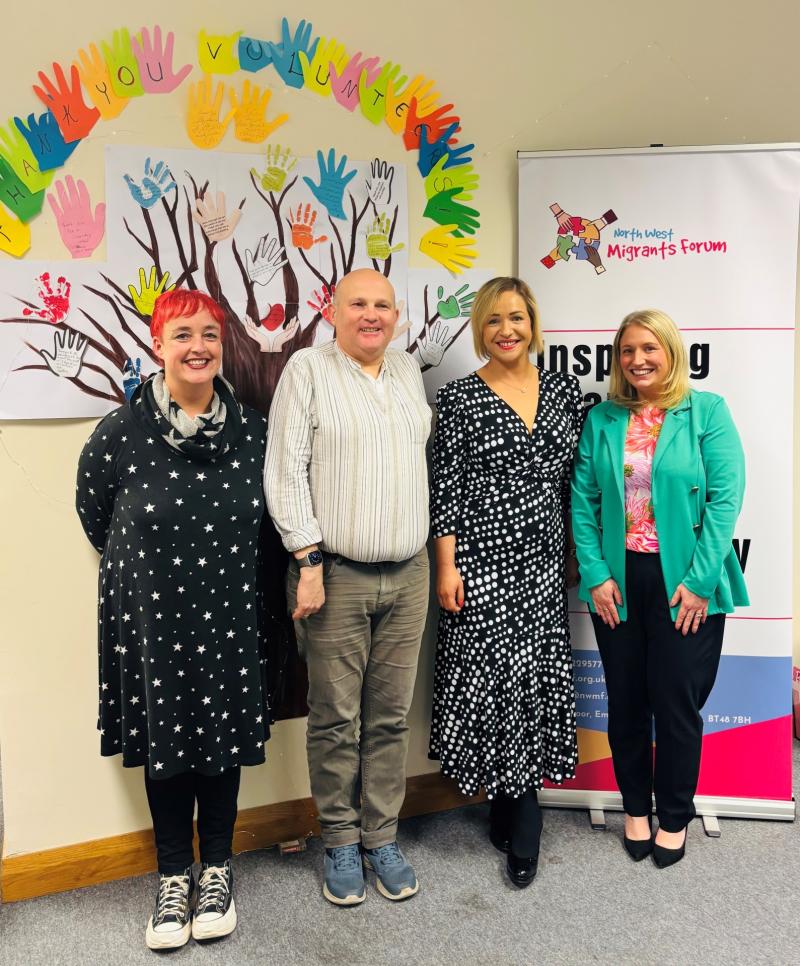 Helen Warby, volunteer English tutor and Paul Sceeny, Interim Manager, North West Migrants Forum with Eighrean Horner, Branch Manager and Catriona McGirr, Community Engagement Manager, Bank of Ireland