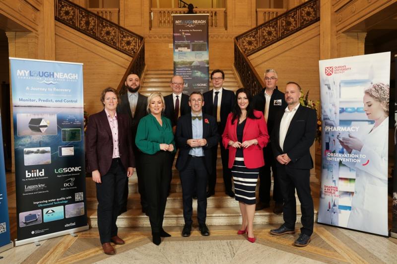 First Minister Michelle O’Neill and deputy First Minister Emma Little-Pengelly along with Minister Muir is pictured with the five successful suppliers of Phase one of the Lough Neagh: Blue-Green Algae