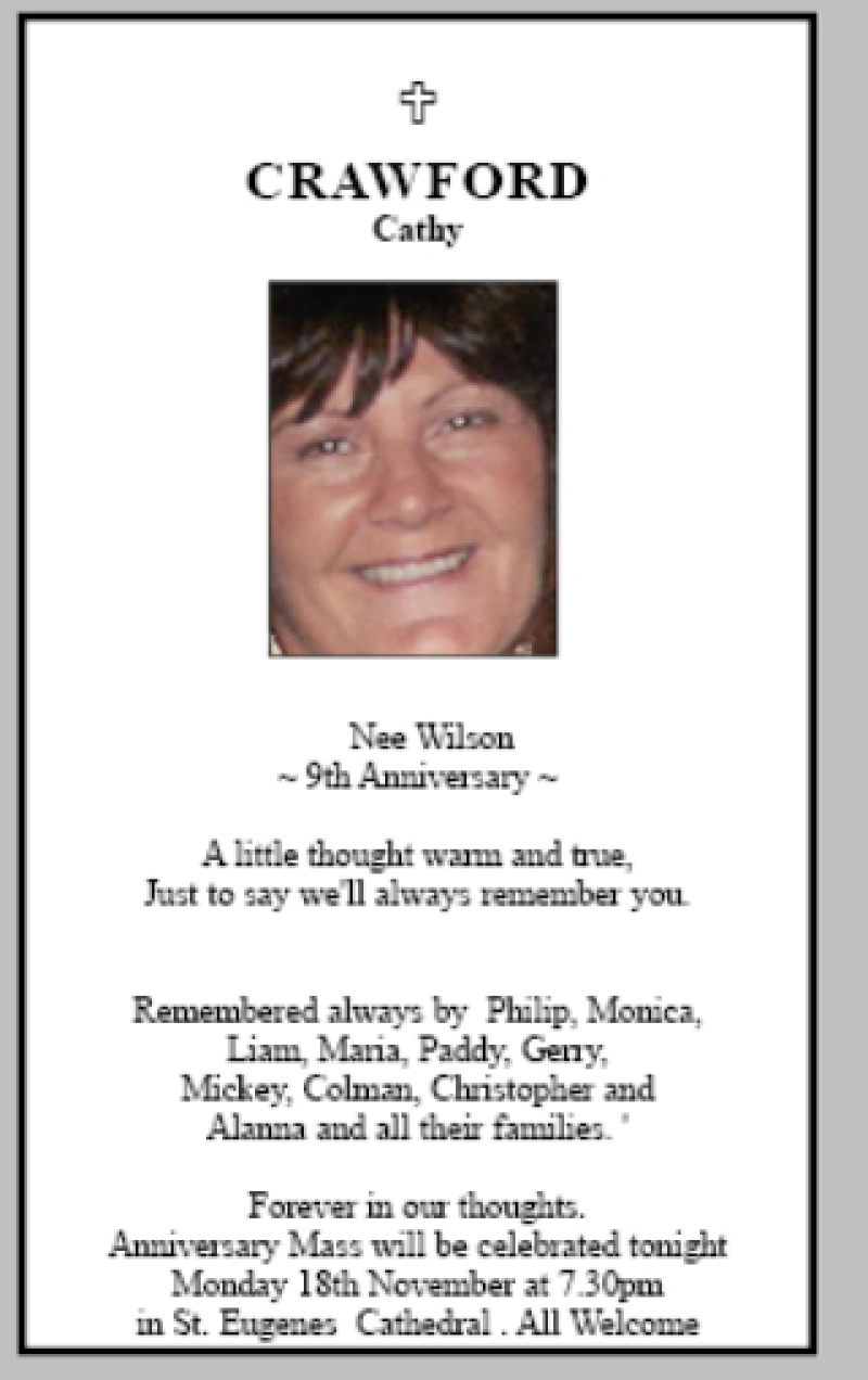 Derry Memoriam - Cathy Crossan (née Wilson) - 9th Anniversary