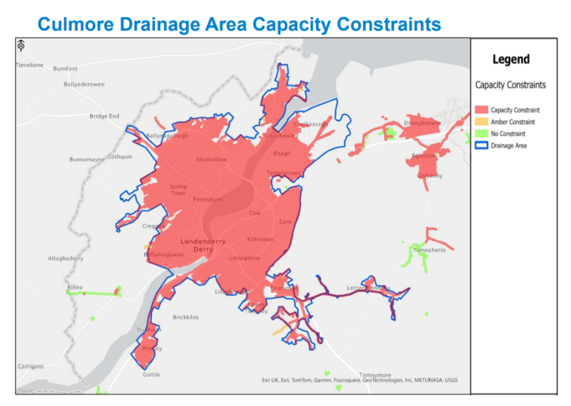 NI Water diagram showing the Culmore Drainage Area capacity constraints for new house building.