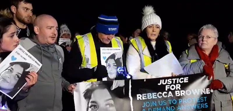 Lynn Smith, Rebecca's mother, addressing the protest at Ludden in Buncrana, Inishowen, County Donegal.