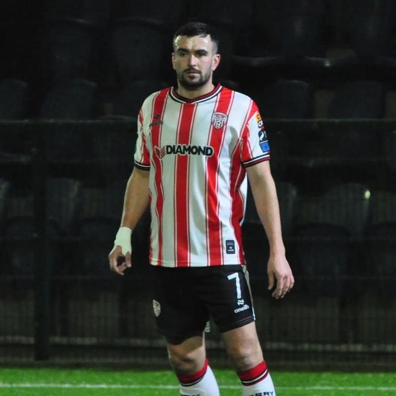Michael Duffy in action wearing the new 2025 jersey : credit Derry City Facebook