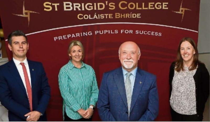 Pádraig Ó Mianáin, principal, on his retirement from St Brigid's College (Coláiste Bhríde) with: Sean McKay, vice-principal, Fional McAlinden, Head of ICT & PR co-ordinator, & on right, Aisling Mullan