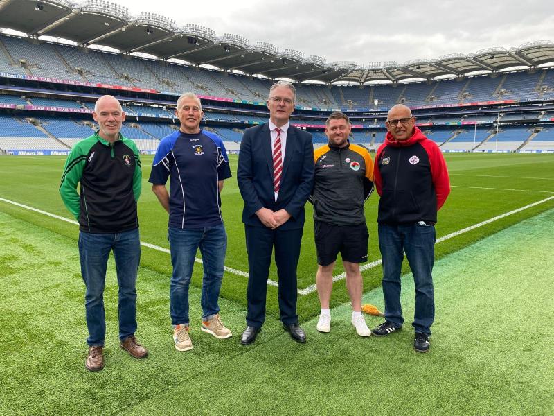 'Gaels Against Genocide meeting GAA President Jarlath Burns. From left:  Michael Doherty (P&aacute;draig S&aacute;irs&eacute;il CLG), Paul Collins (Naomh Eoin), Brian Mac An tSionnaigh (Laochra Loch Lao) and Glen Phillips