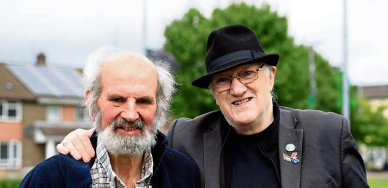 Former internees Peter Collins with Michael Donnelly, one of the "hooded men" at the Anti-Internment Protest at Free Derry Corner.