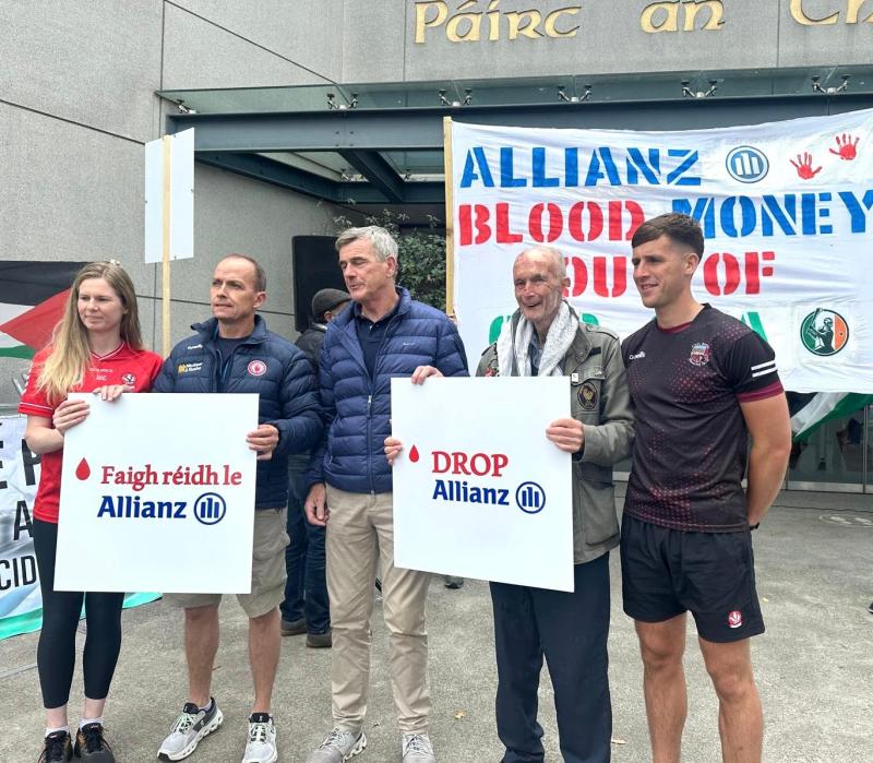Gaels: Aoife Ní Chaiside (Derry camogie) Pascal Canavan (Tyrone) Colm O’Rourke (Meath) Dr Dave Hickey (Dublin) Shane McGuigan (Derry) launching the 'Drop Allianz' campaign at Croke Park.