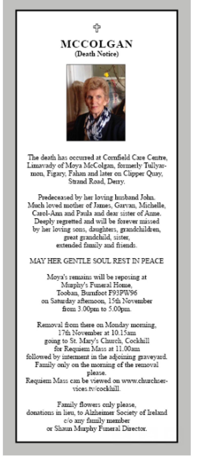 Derry Death Notice - Moya McColgan
