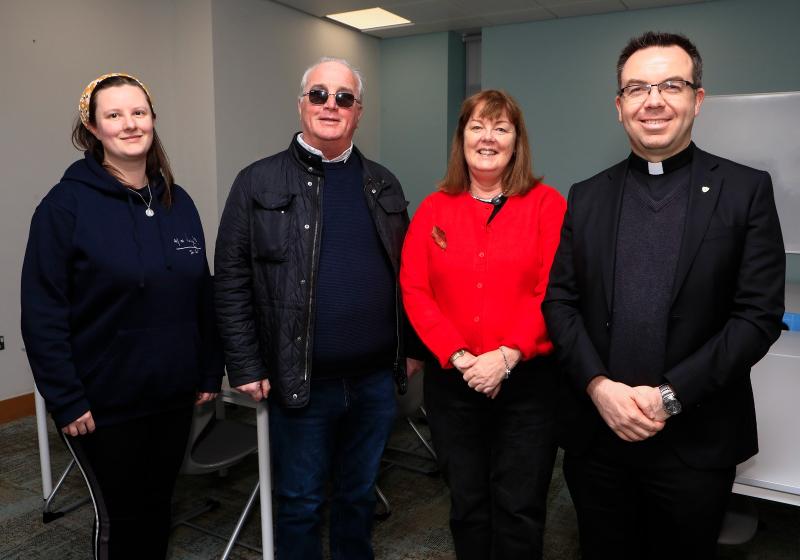 Derry News journalist Catherine McGinty at Catholic Chaplaincy, UU, Magee event 'Faith Lives' conversation with Richard Moore. From left: Katherine Shaw (Chaplaincy) and Fr Patrick Lagan (Chaplain).