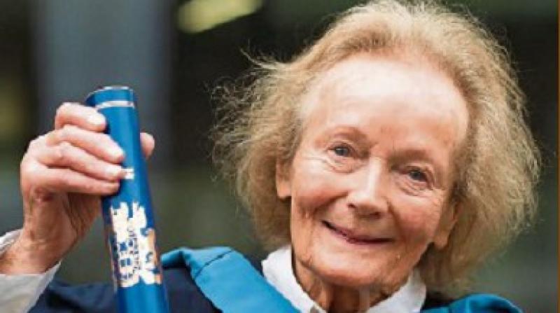 90-year-old Derry woman Maryette McFarland who graduated from the Open University with a degree in English Literature at a  ceremony in Belfast on Tuesday. PHOTO: Paul Moane/The Open University/PA.