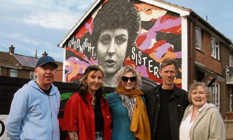 Carmel McCafferty & her daughter Muire pictured with Peaball Artists, Ray Bonner, Jane Kalmberza & Donal O' Doherty at the unveiling of the Nell McCafferty Mural in Lisfannon Park.  PHOTO: D Heaney.