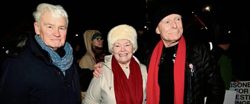 Tommy McKearney, main speaker, former H Block prisoner, hunger striker of 1980 and co founder of FFP, with Kate Nash and Eamon McCann at the Five For Palestine Rally at Free Derry Corner.