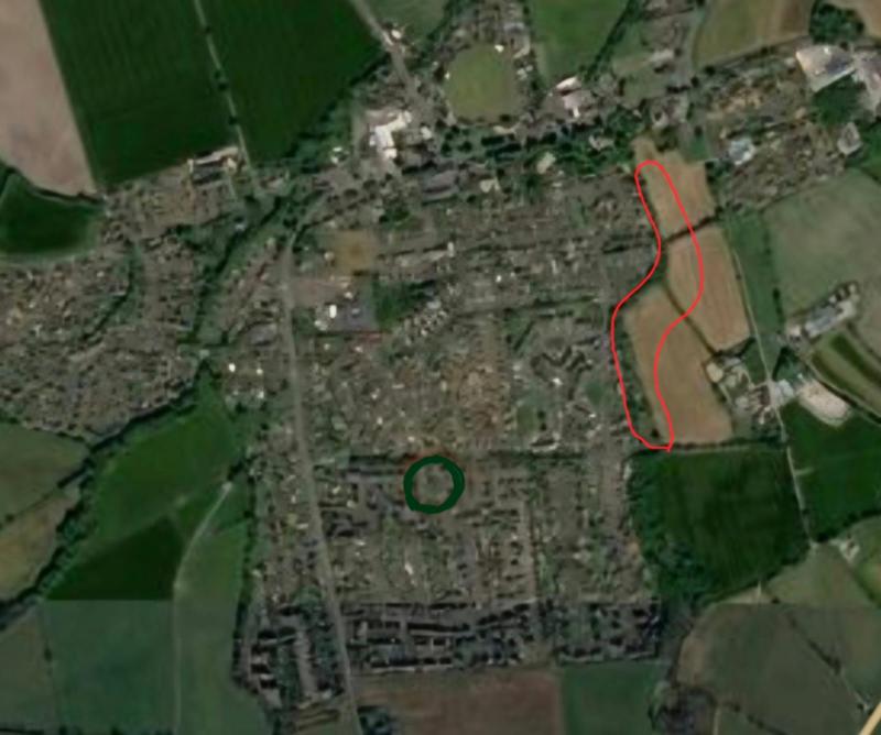 Satellite view of Eglinton. Red marked area is natural flood plain that has planning persission.
