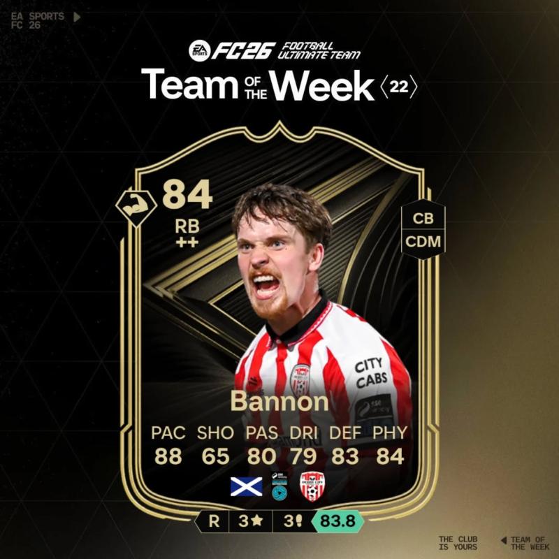 Derry City's Alex Bannon&rsquo;s wonder strike earns global recognition in EA SPORTS FC 26