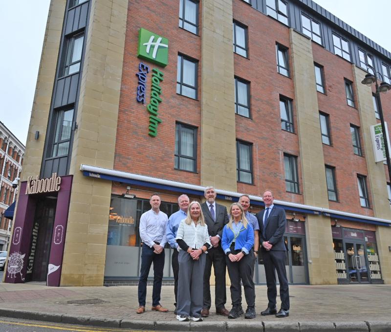 Gordon Davidson, FJJ Consulting; Larry Duddy & Patricia Duddy, Duddy Group; John O&rsquo;Dowd, Finance Minister; Shauna Downey & Brendan Duddy Jr, Duddy Group; Andrew Coggins, CBRE NI. 