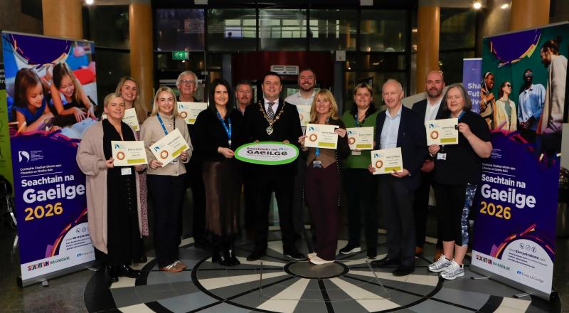 Mayor Ruair&iacute; McHugh with staff of Derry City and Strabane District Council who took part in the F&aacute;inne scheme as part of the Irish Language Week 2026 celebrations.  