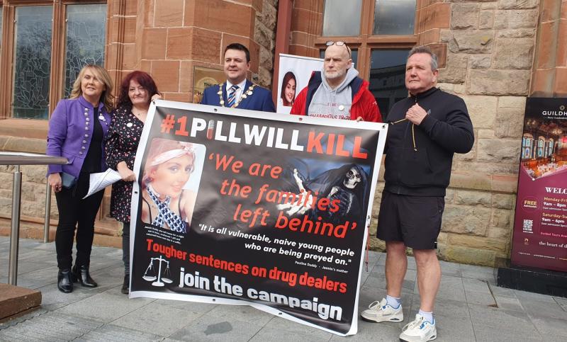 Anti-drug awareness rally: From left; Ciara Ferguson MLA (Sinn F&eacute;in), Pauline Duddy (anti-drug camaigner), Mayor Ruair&iacute; McHugh, William Burns (One Pill Will Kill) and Gary Lenaghan (campaigner).