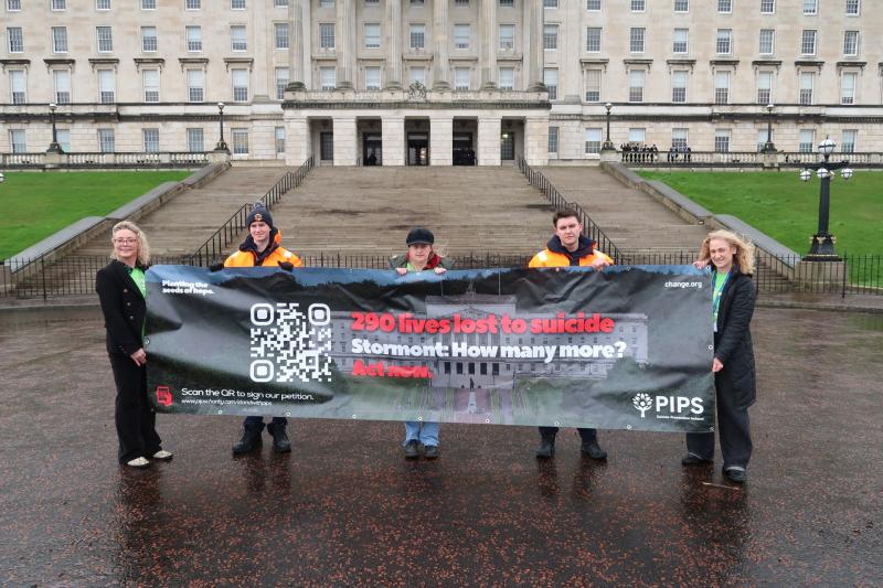 Representatives from Foyle Search and RescuePIPS Suicide Prevention Charity & Rural Support at Stormont, Parliament Buildings calling on the NI Executive to fully fund the mental health strategy.