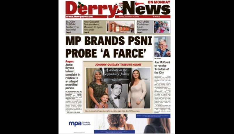 Derry News: Front page, Monday, December 18, 2023