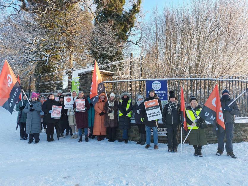 Workers from Ardnashee School and College on the picket line despite the freezing weather