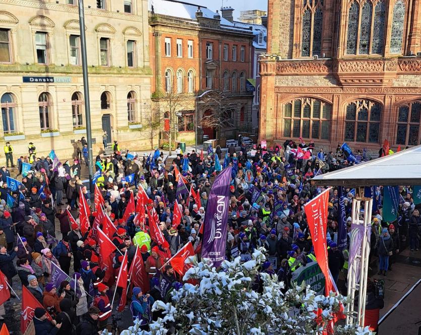 A huge crowd gathered in Guildhall square to hear speeches from trade union leaders