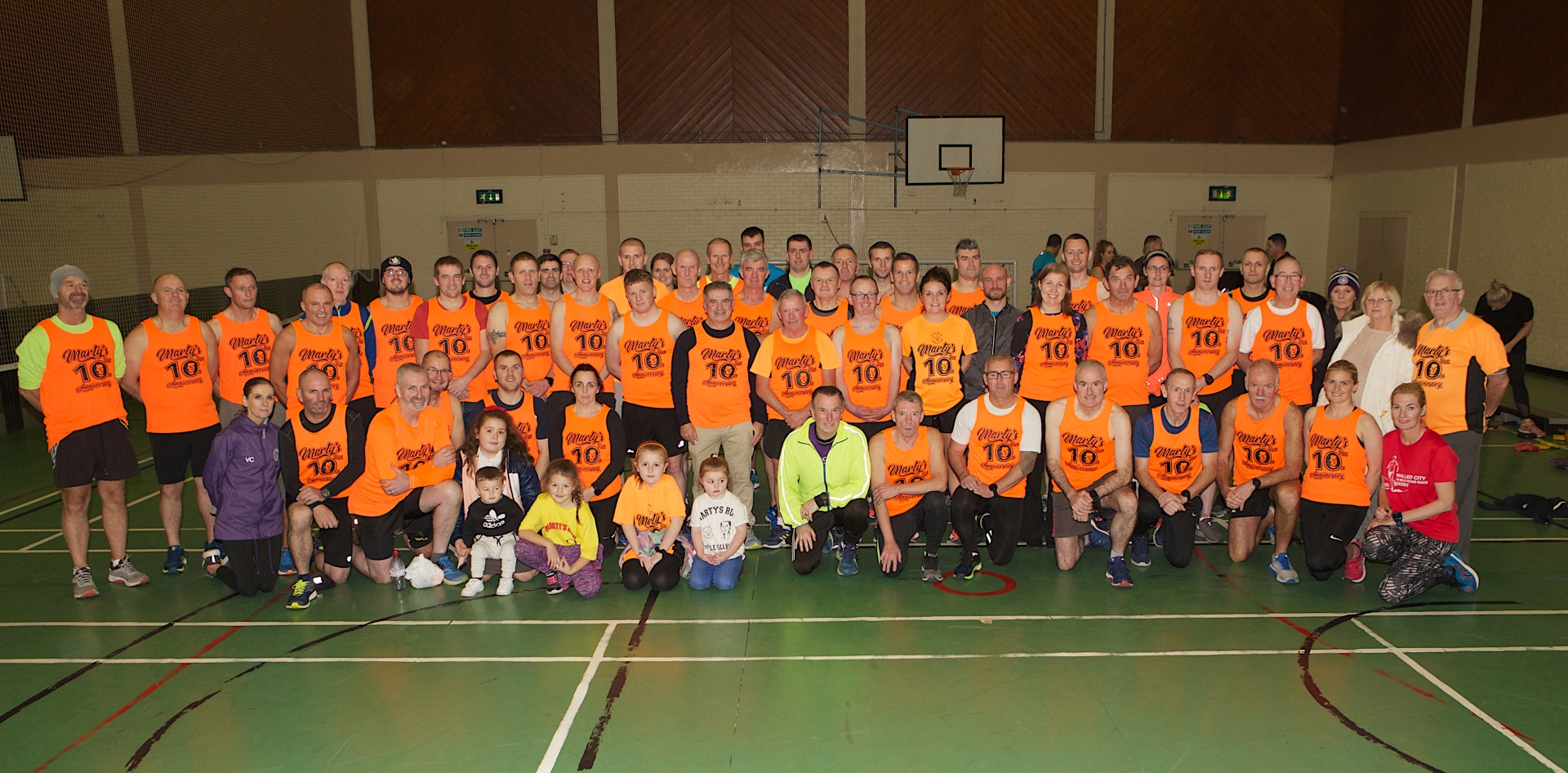 Veteran athlete Harry McNulty, 4th from right with athletes who took part in the Dublin Marathon in memory of the late Martin Gallagher. Included on right are Martin and Elizabeth Gallagher (parents). (Photo - Tom He