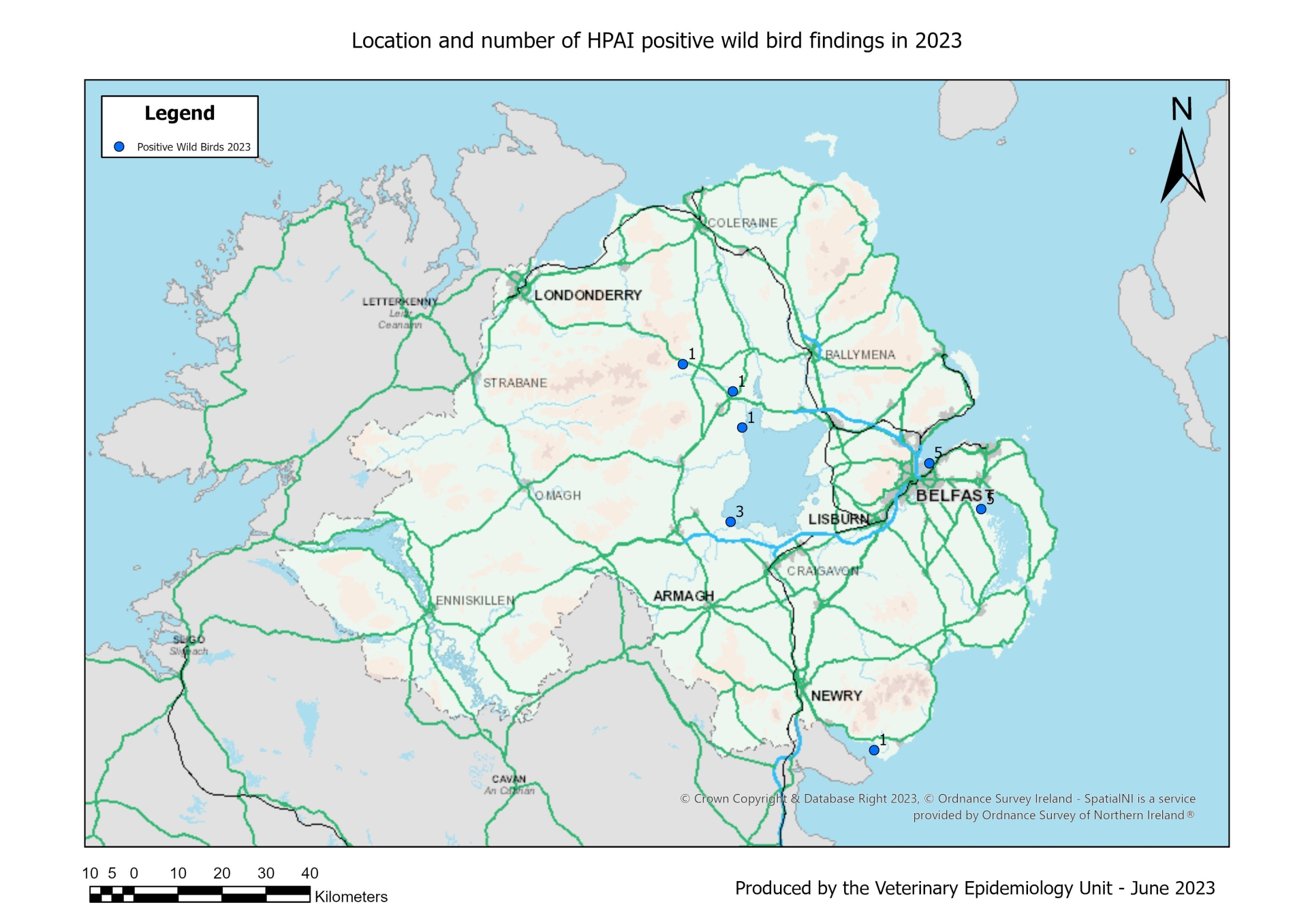 A map showing the location and number of HPAI positive wild bird findings in 2023.