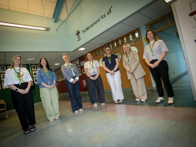 Some of the St. Joseph's Boys School staff getting ready to welcome the new Year 8s to the school on Friday morning. (Photos: Jim McCafferty Photography)