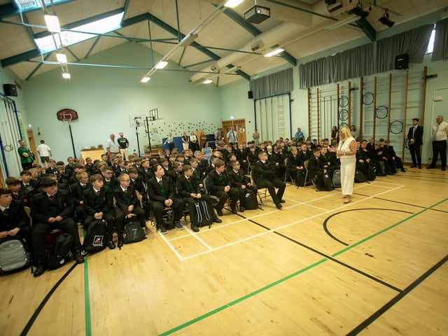 Princpal Mrs. Ciara Deane addressing the new intake of Year 8 students at St. Joseph's Boys School on Friday morning. (Photos: JIm McCafferty Photography)
